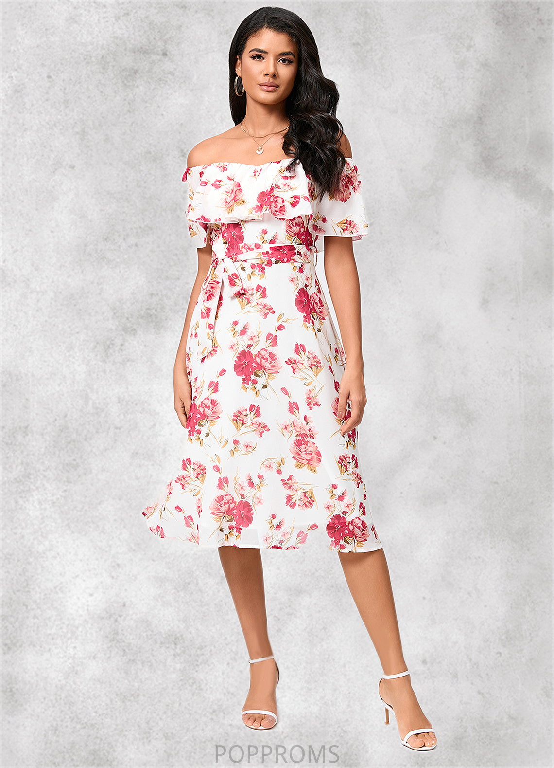 Ryann A-line Off the Shoulder Knee-Length Chiffon Cocktail Dress With Bow PP6P0022337