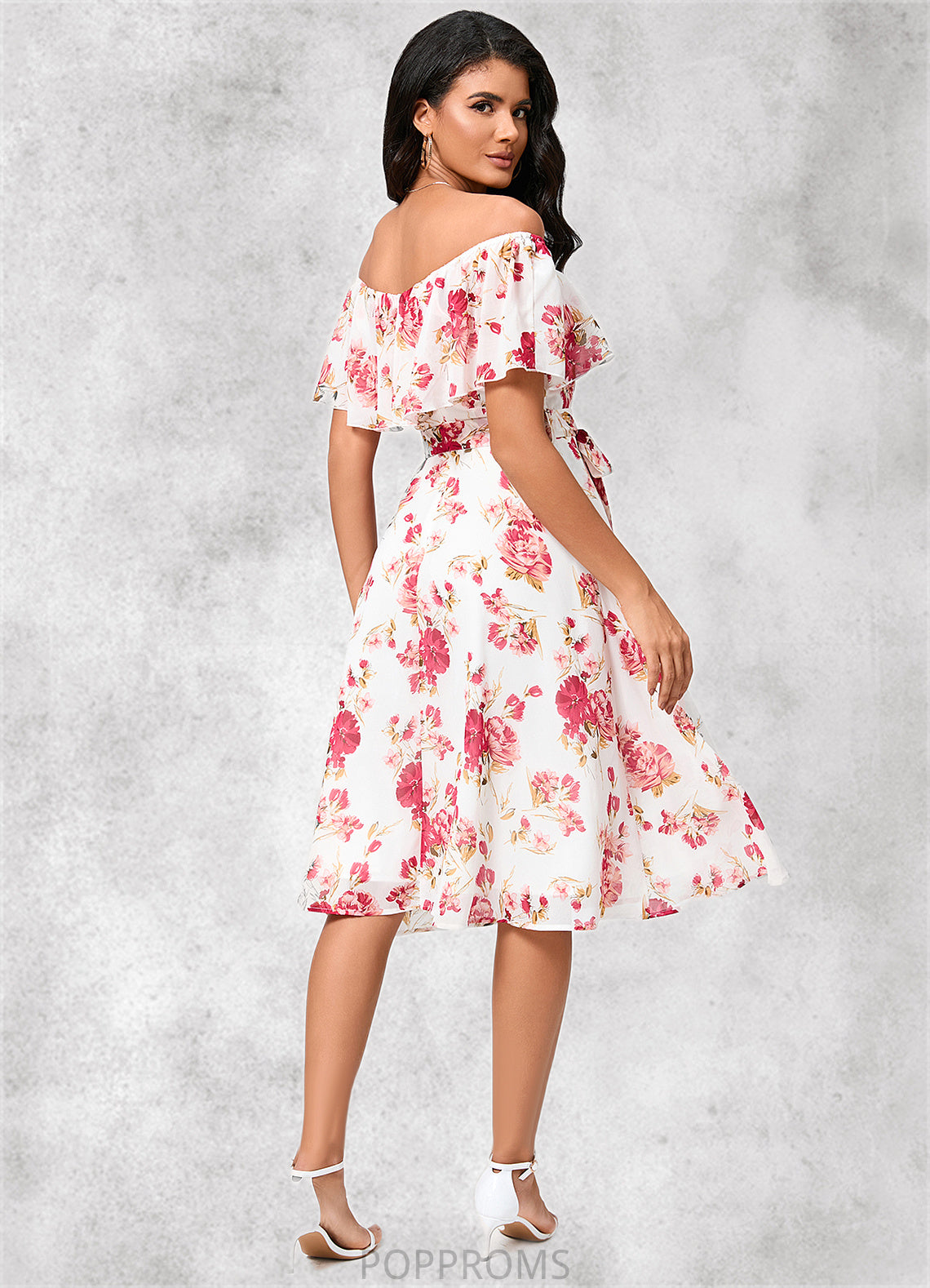 Ryann A-line Off the Shoulder Knee-Length Chiffon Cocktail Dress With Bow PP6P0022337