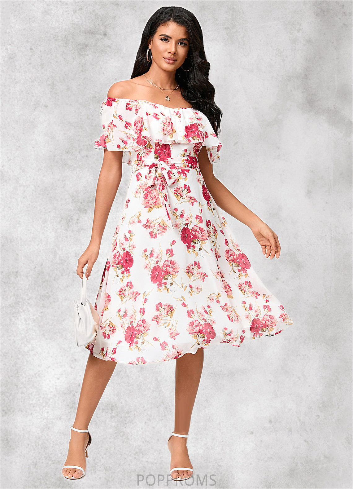 Ryann A-line Off the Shoulder Knee-Length Chiffon Cocktail Dress With Bow PP6P0022337