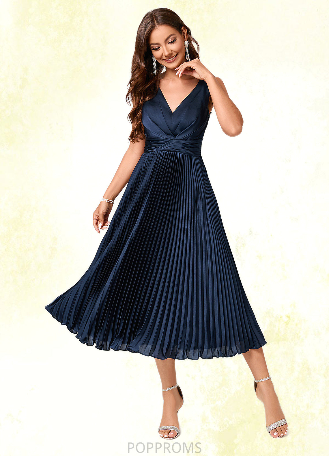 Monica A-line V-Neck Tea-Length Silky Satin Cocktail Dress With Pleated Ruffle PP6P0022341