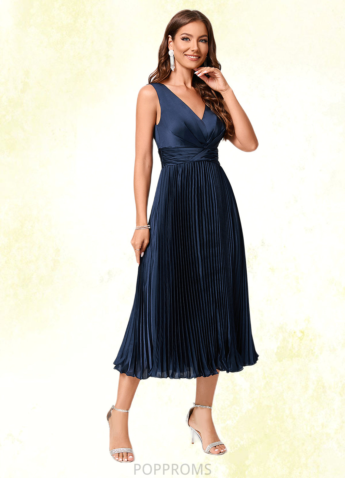 Monica A-line V-Neck Tea-Length Silky Satin Cocktail Dress With Pleated Ruffle PP6P0022341