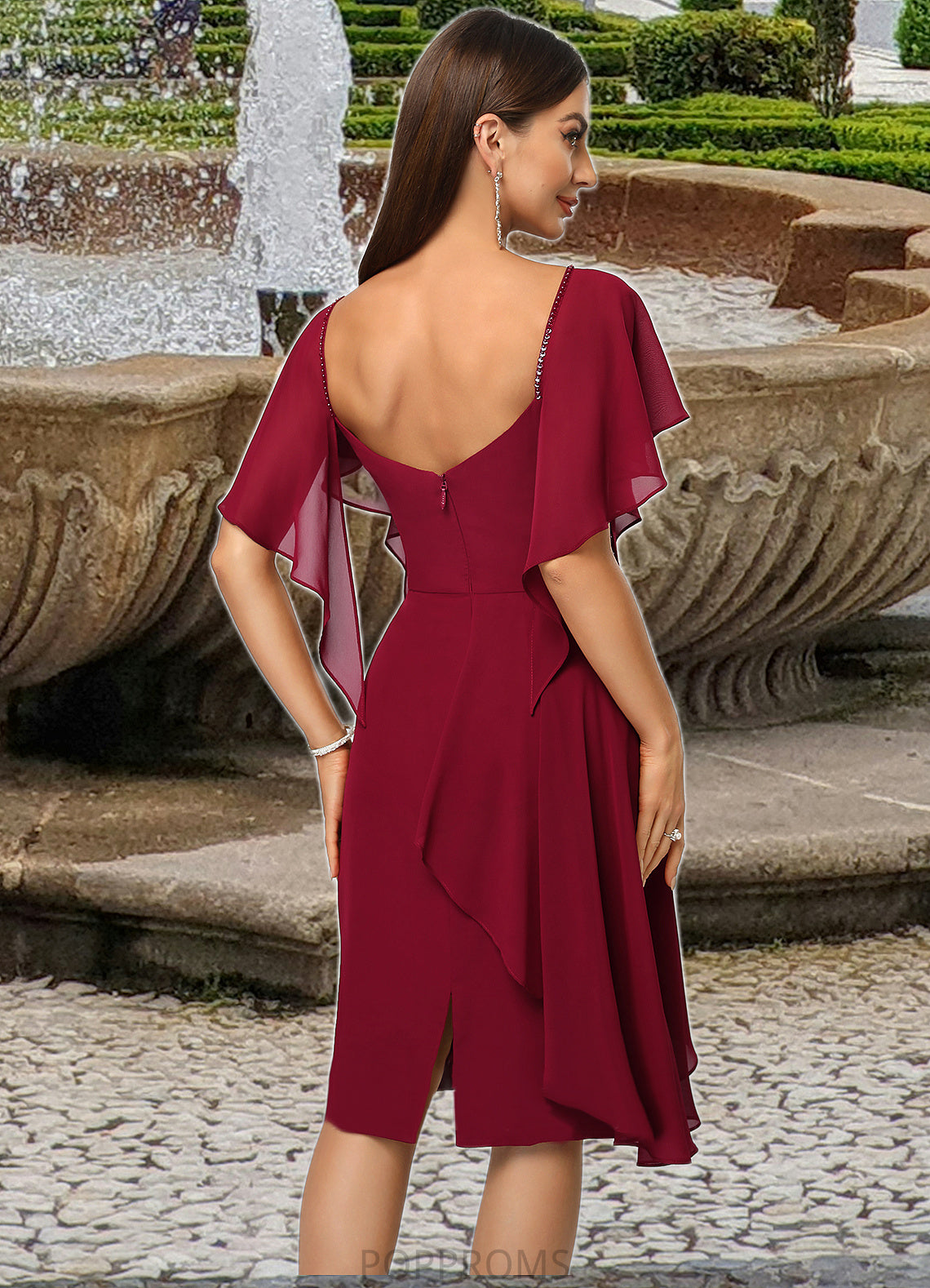 Taryn Sheath/Column V-Neck Knee-Length Chiffon Cocktail Dress With Beading Cascading Ruffles PP6P0022350