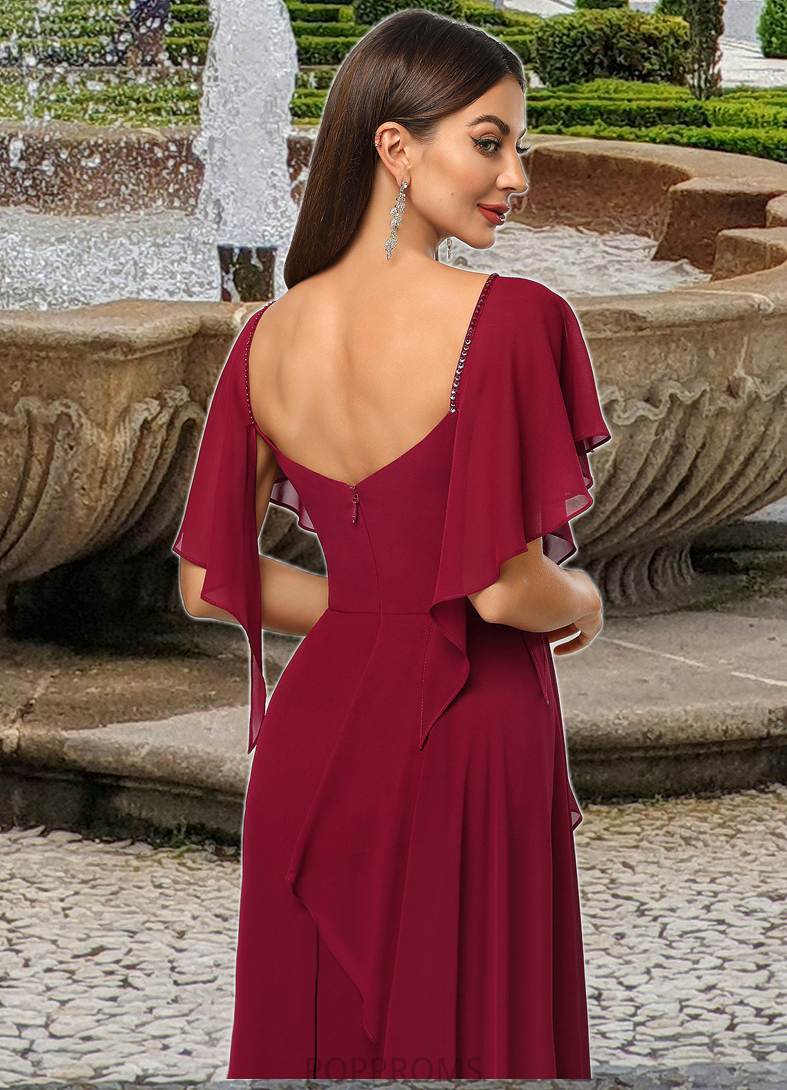 Taryn Sheath/Column V-Neck Knee-Length Chiffon Cocktail Dress With Beading Cascading Ruffles PP6P0022350