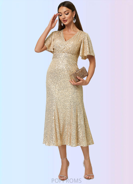 Savanna Trumpet/Mermaid V-Neck Tea-Length Sequin Cocktail Dress PP6P0022351