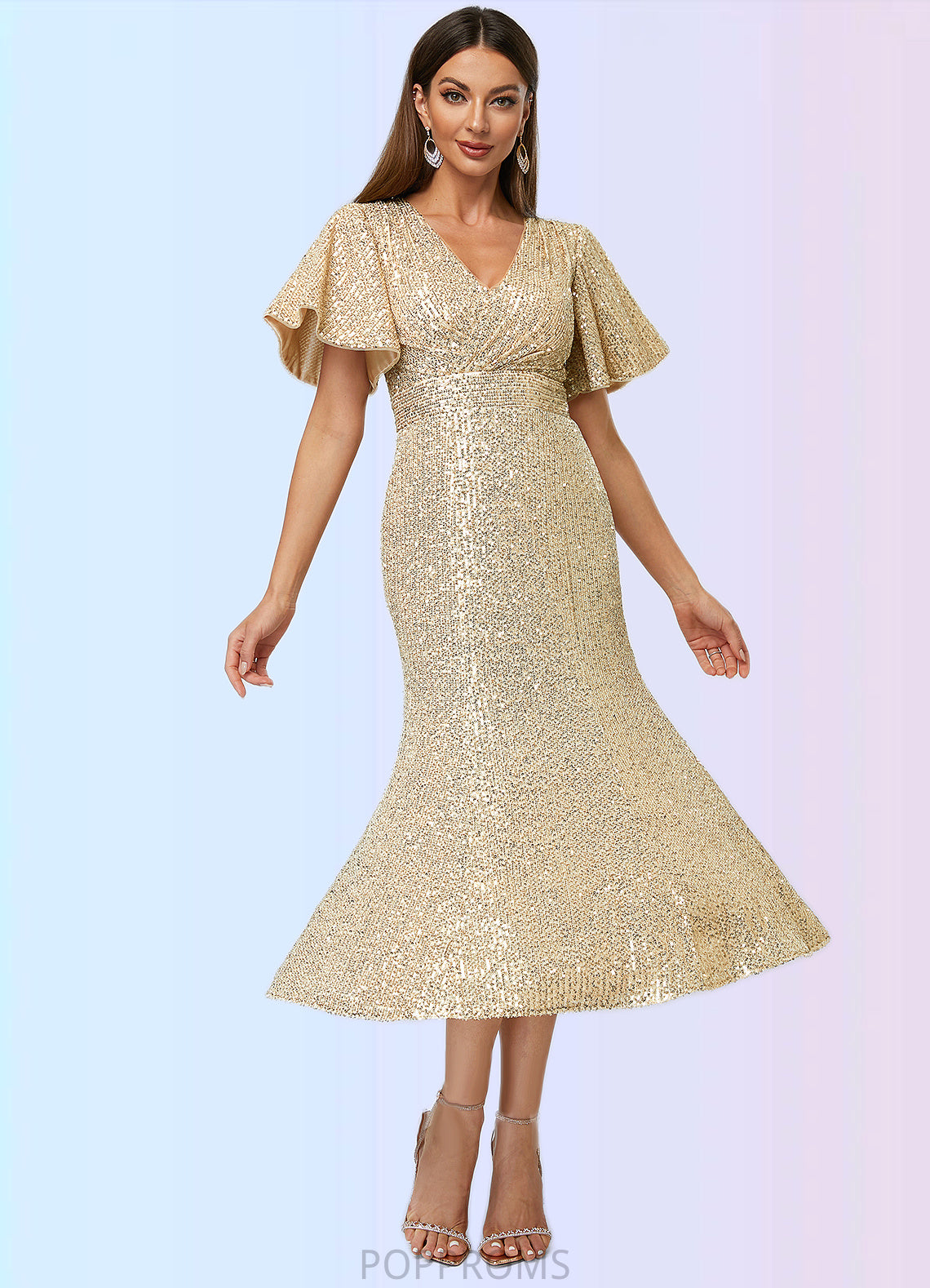 Savanna Trumpet/Mermaid V-Neck Tea-Length Sequin Cocktail Dress PP6P0022351