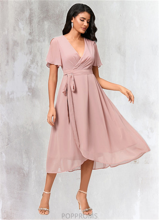 Shayla A-line V-Neck Asymmetrical Chiffon Cocktail Dress With Bow Pleated PP6P0022368