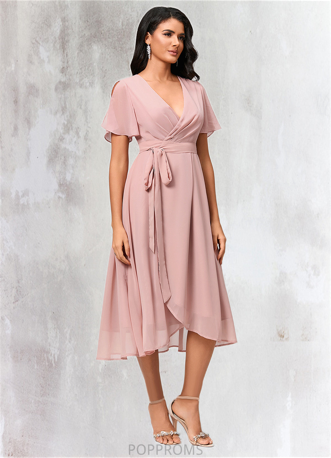 Shayla A-line V-Neck Asymmetrical Chiffon Cocktail Dress With Bow Pleated PP6P0022368