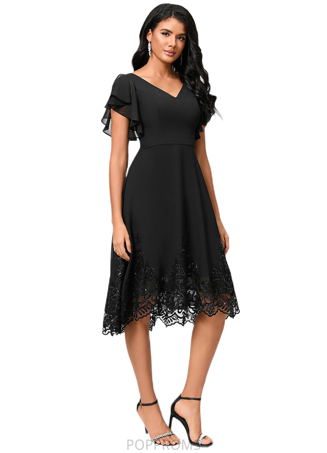 Haven A-line V-Neck Asymmetrical Chiffon Lace Cocktail Dress With Sequins PP6P0022377