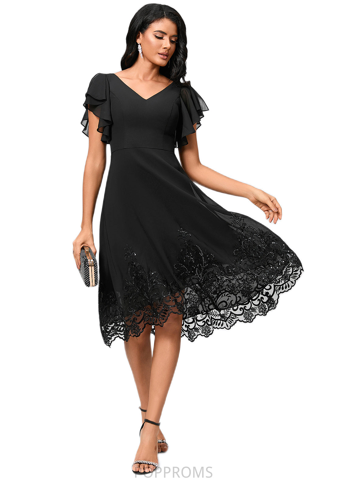 Haven A-line V-Neck Asymmetrical Chiffon Lace Cocktail Dress With Sequins PP6P0022377