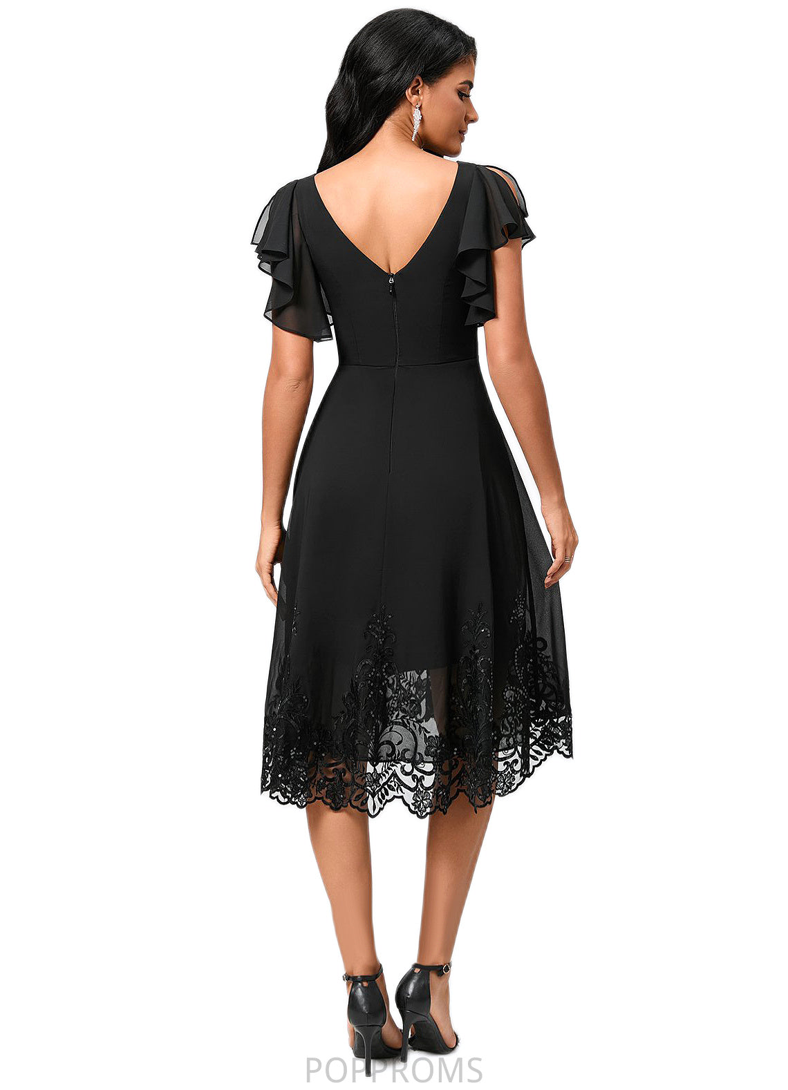 Haven A-line V-Neck Asymmetrical Chiffon Lace Cocktail Dress With Sequins PP6P0022377