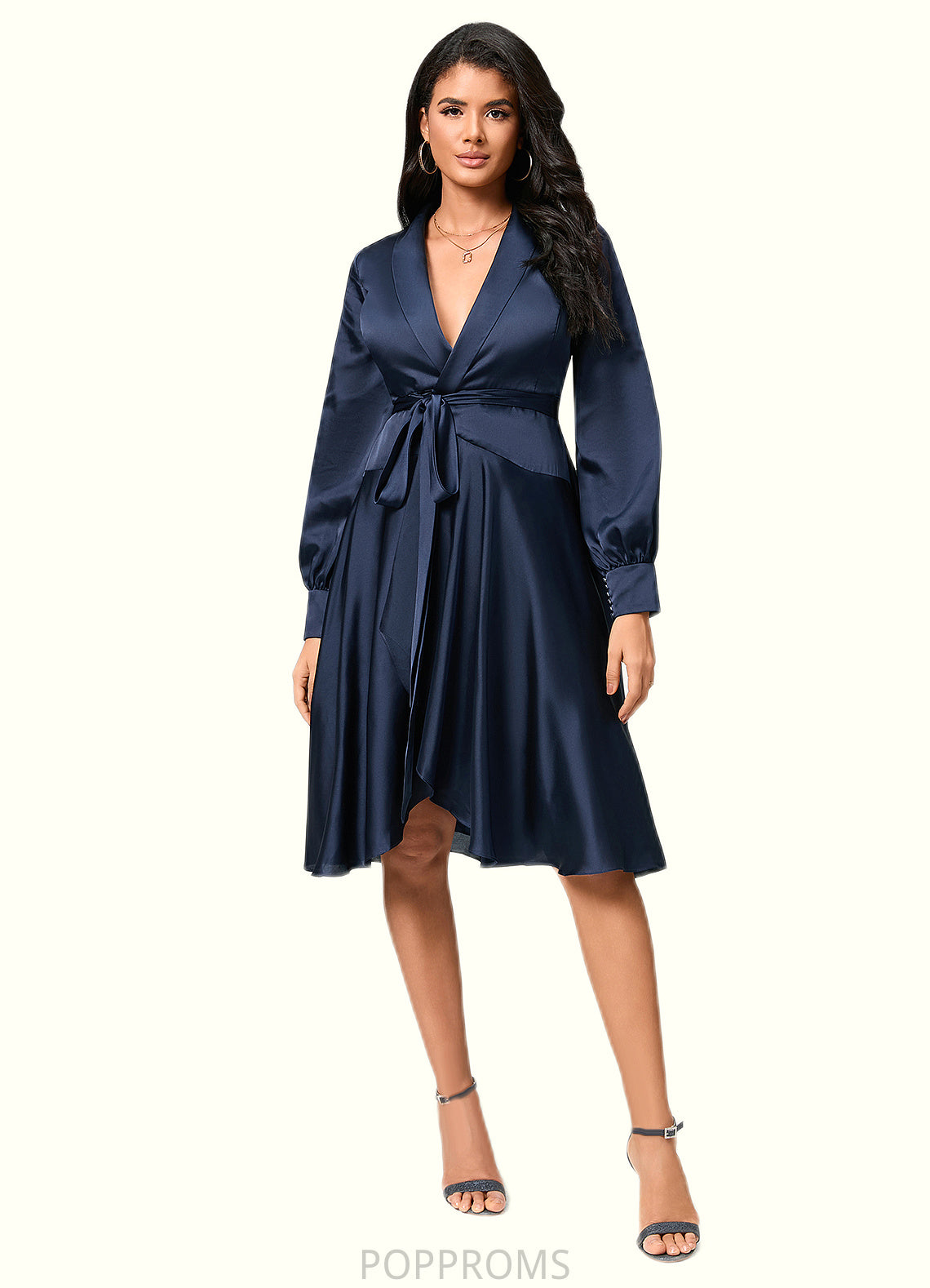 Jocelyn A-line V-Neck Asymmetrical Silky Satin Cocktail Dress With Bow PP6P0022385