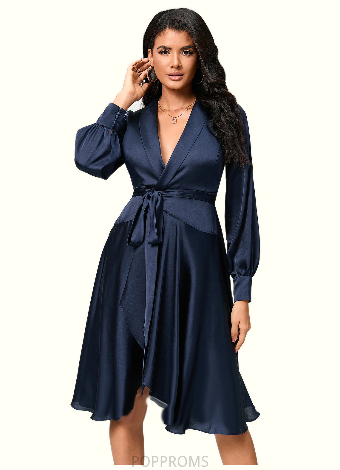 Jocelyn A-line V-Neck Asymmetrical Silky Satin Cocktail Dress With Bow PP6P0022385