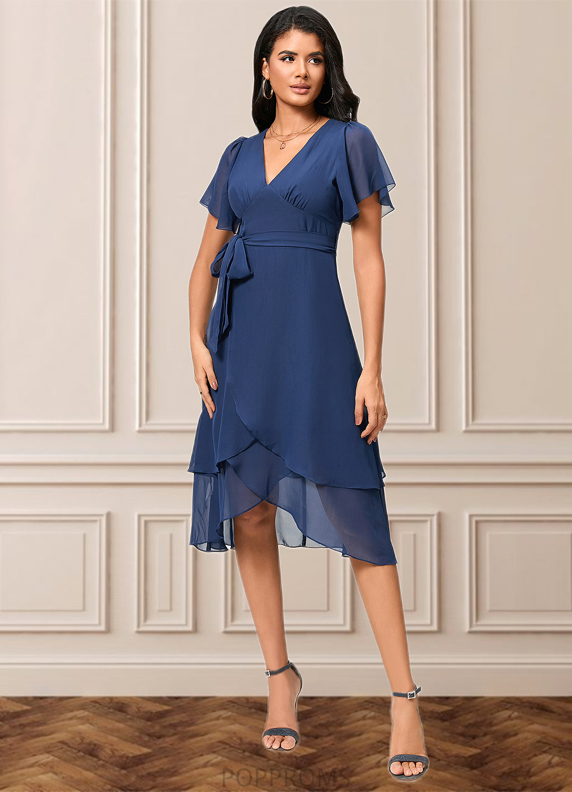 Corinne A-line V-Neck Asymmetrical Chiffon Cocktail Dress With Ruffle PP6P0022398