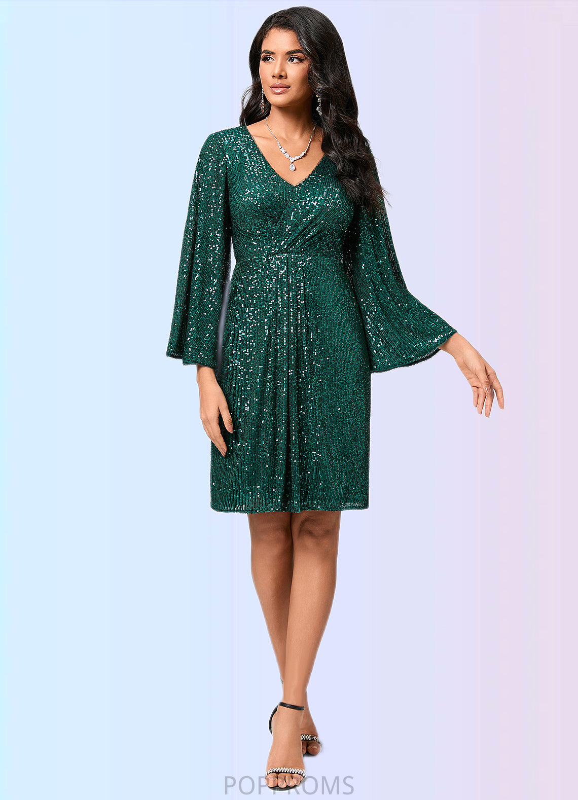 Olive Sheath/Column V-Neck Knee-Length Sequin Cocktail Dress With Ruffle PP6P0022400