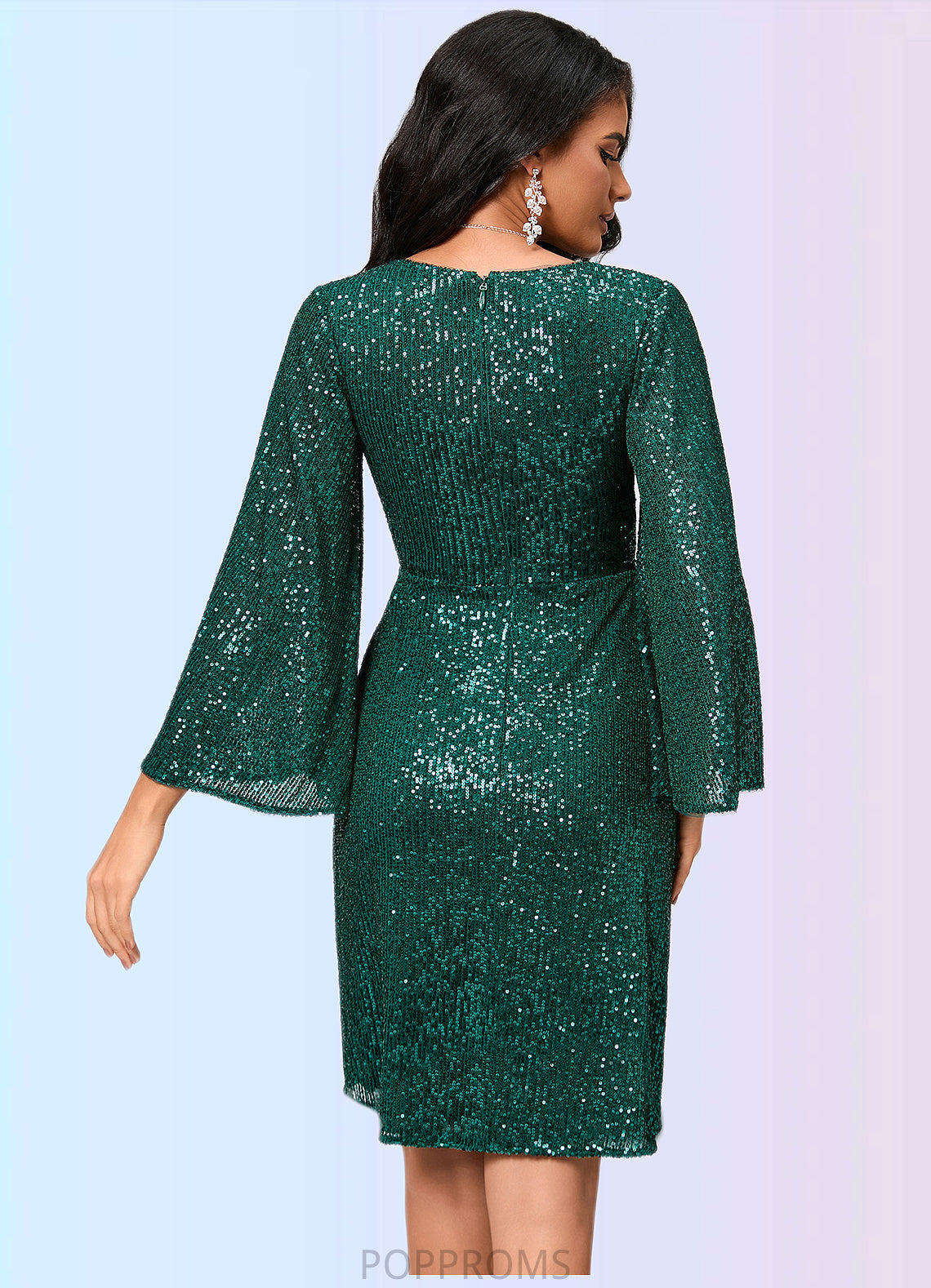 Olive Sheath/Column V-Neck Knee-Length Sequin Cocktail Dress With Ruffle PP6P0022400