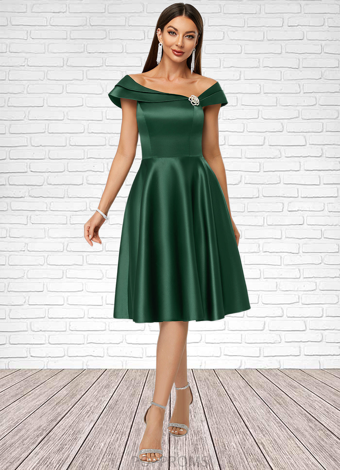 Peggie A-line Asymmetrical Knee-Length Satin Cocktail Dress With Rhinestone Crystal Brooch PP6P0022407