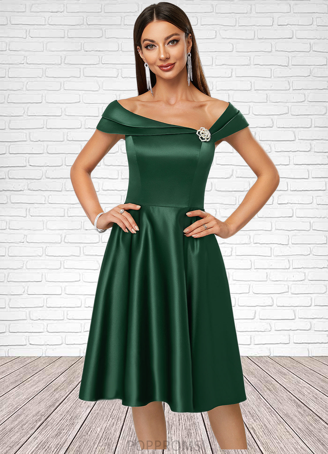 Peggie A-line Asymmetrical Knee-Length Satin Cocktail Dress With Rhinestone Crystal Brooch PP6P0022407