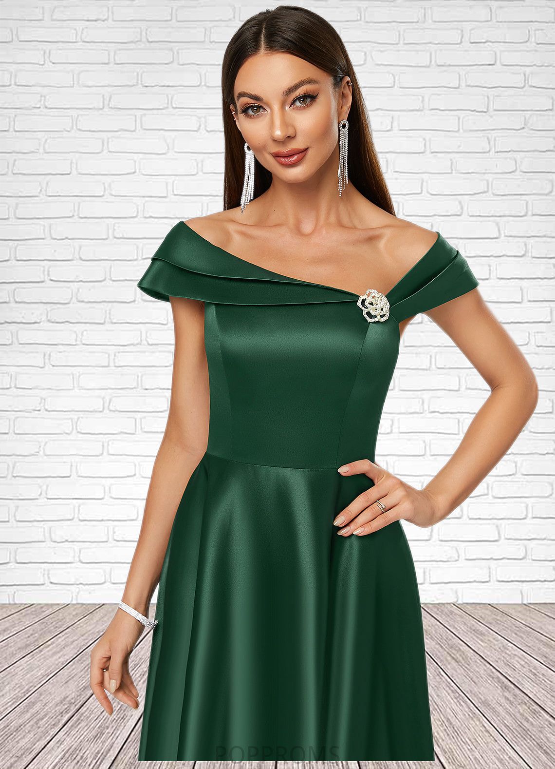 Peggie A-line Asymmetrical Knee-Length Satin Cocktail Dress With Rhinestone Crystal Brooch PP6P0022407