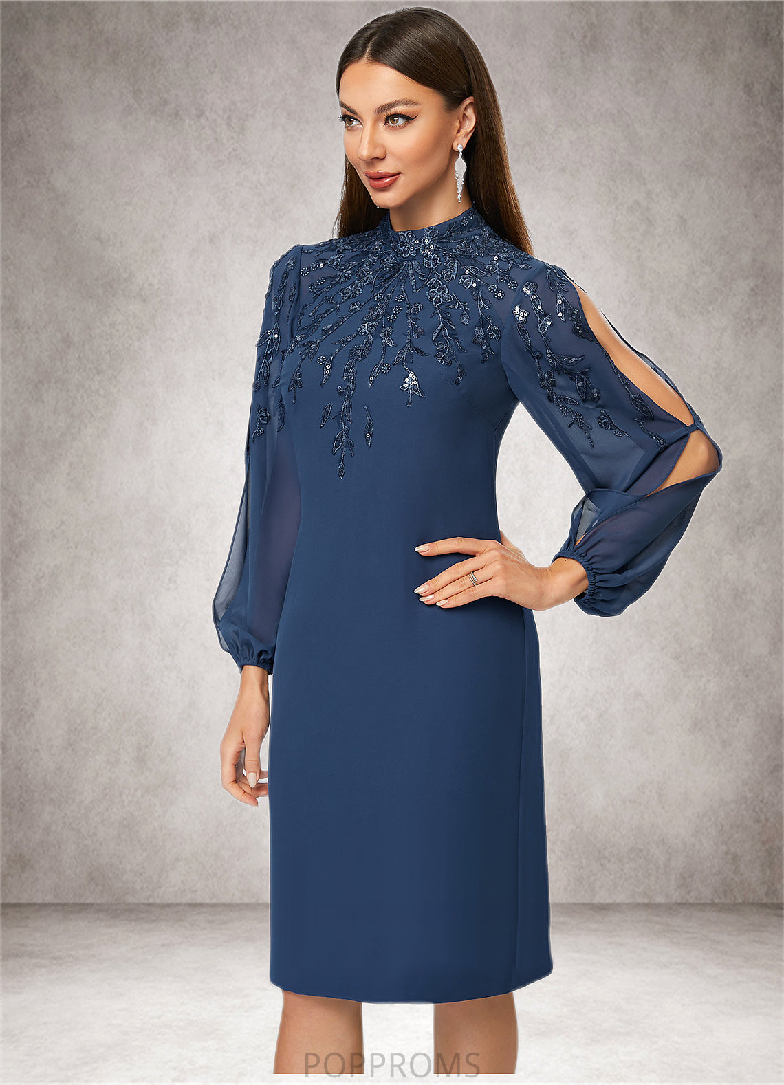 Skyler Sheath/Column High Neck Knee-Length Chiffon Cocktail Dress With Appliques Lace Sequins PP6P0022408