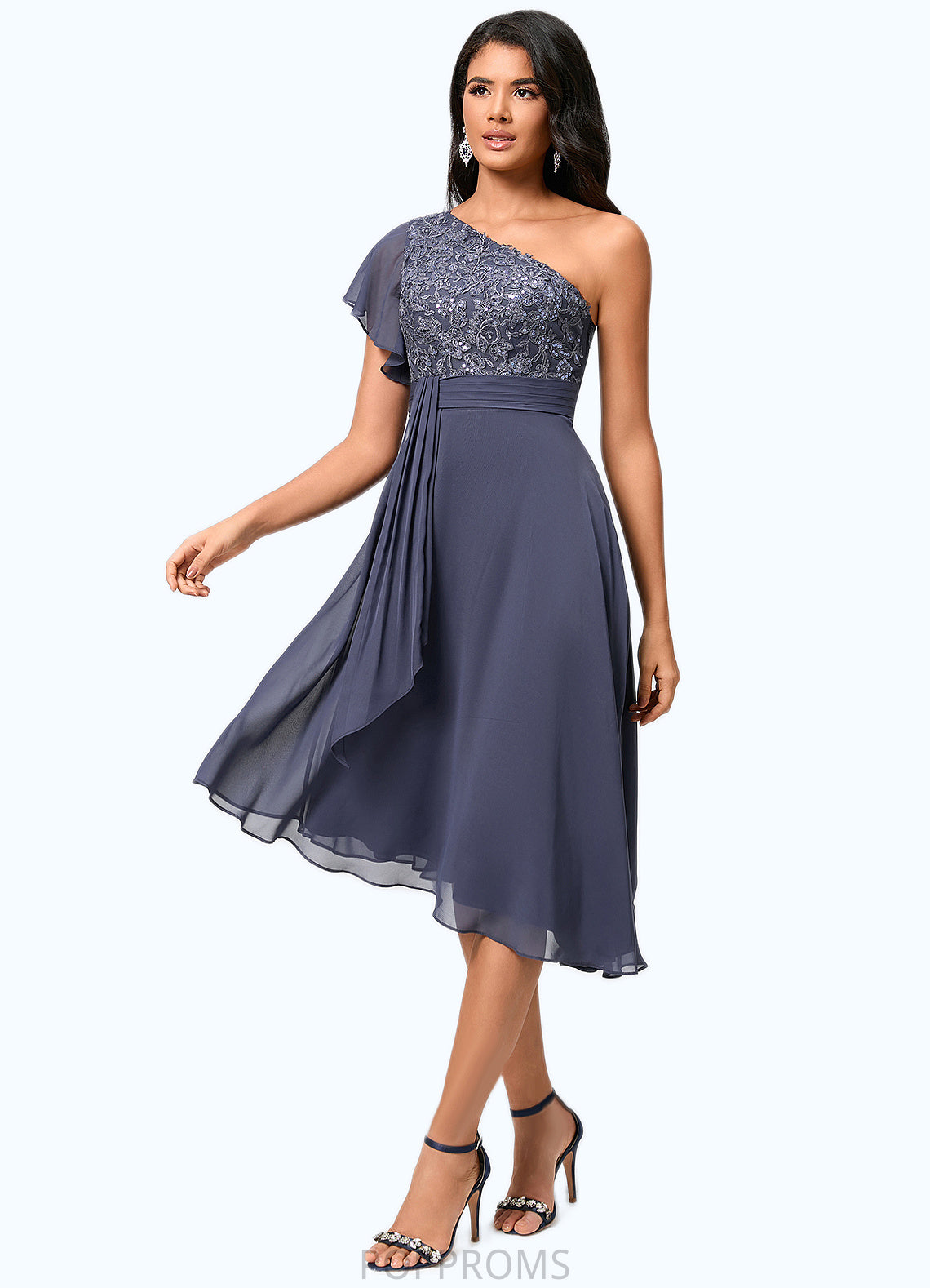 Jazmin A-line One Shoulder Tea-Length Chiffon Cocktail Dress With Ruffle PP6P0022428