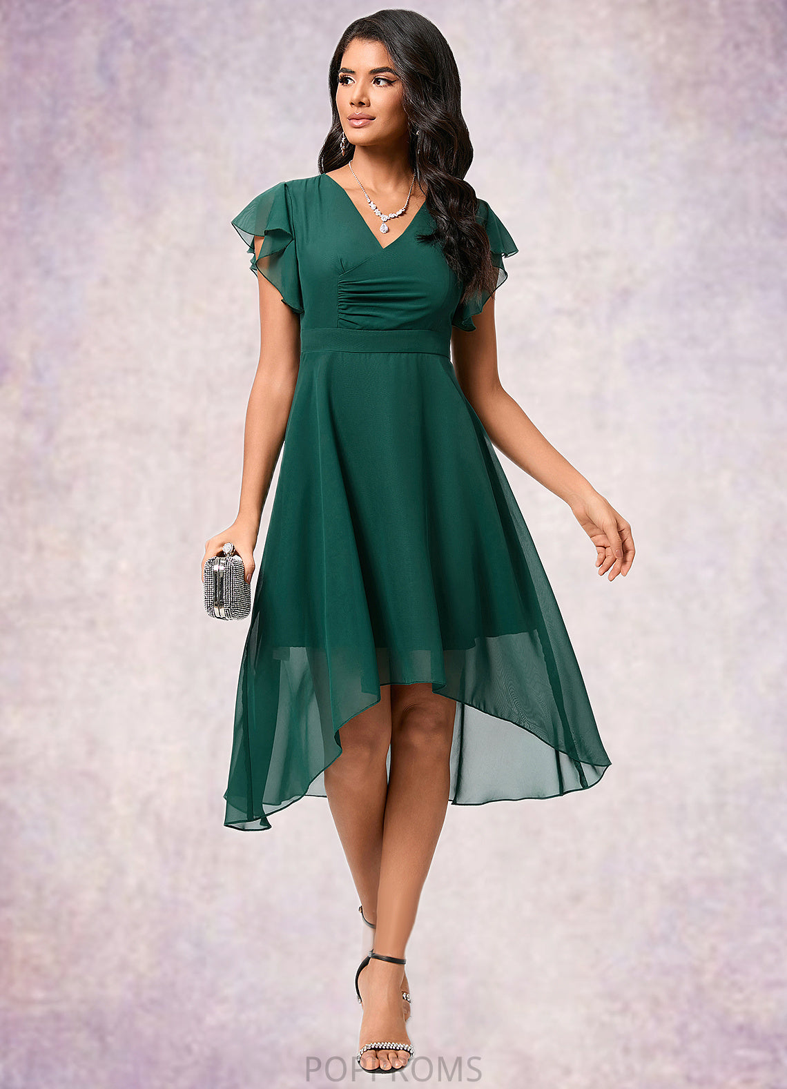 Charlee A-line V-Neck Asymmetrical Chiffon Cocktail Dress With Ruffle PP6P0022459