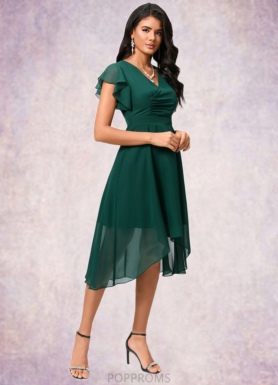 Charlee A-line V-Neck Asymmetrical Chiffon Cocktail Dress With Ruffle PP6P0022459