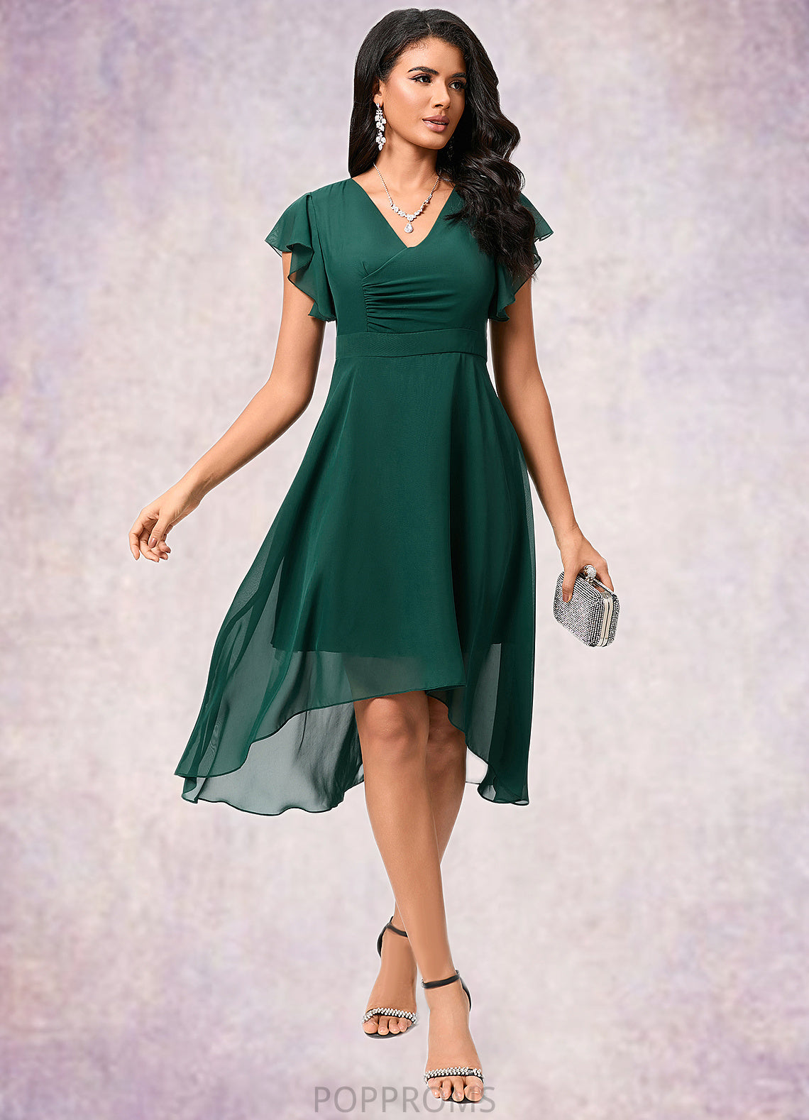 Charlee A-line V-Neck Asymmetrical Chiffon Cocktail Dress With Ruffle PP6P0022459