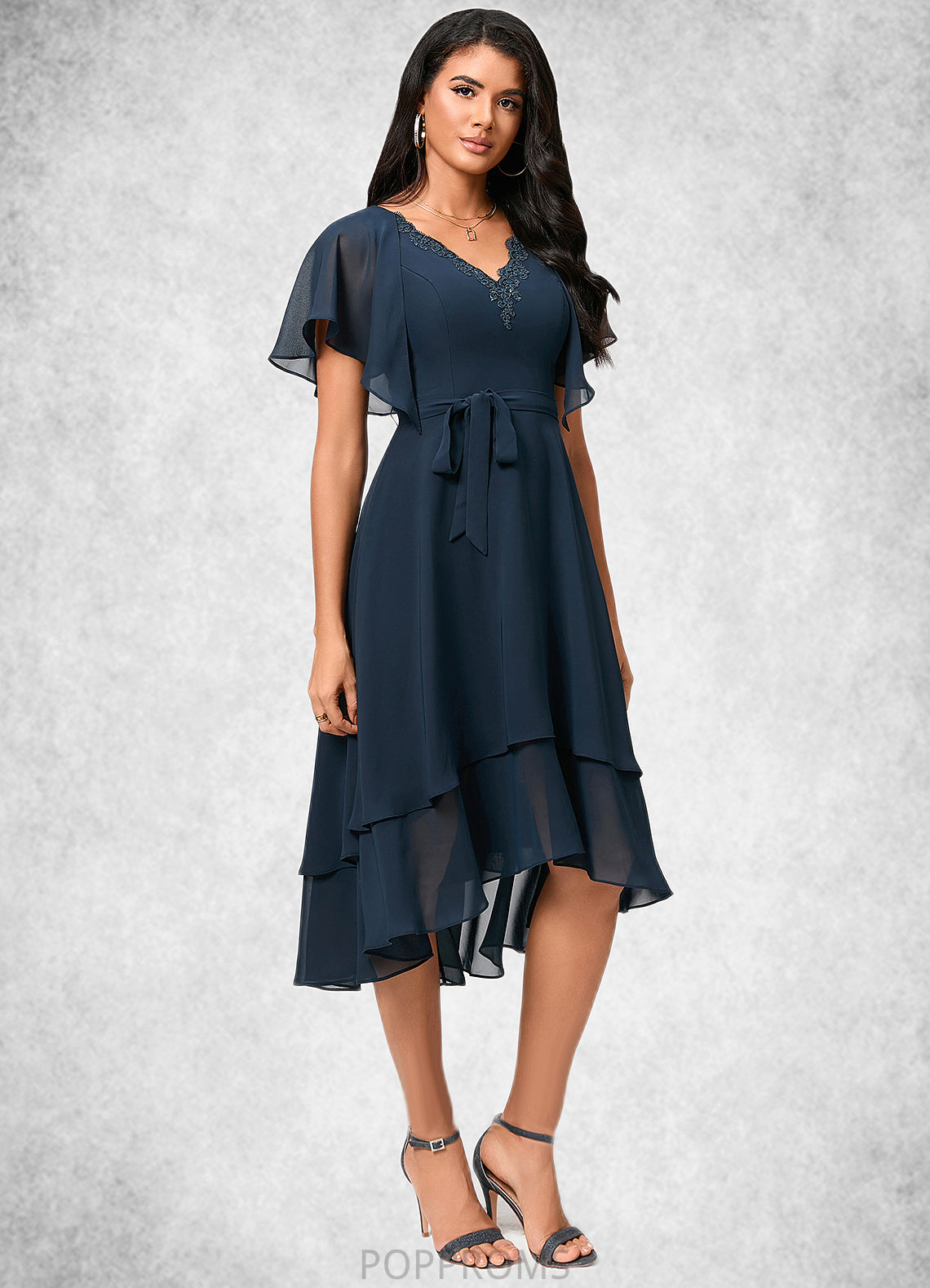 Kayleigh A-line V-Neck Asymmetrical Chiffon Lace Cocktail Dress PP6P0022461