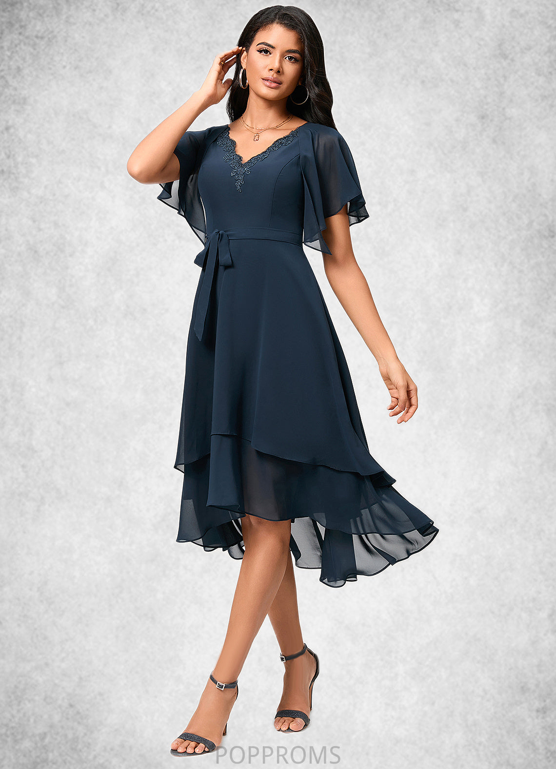 Kayleigh A-line V-Neck Asymmetrical Chiffon Lace Cocktail Dress PP6P0022461