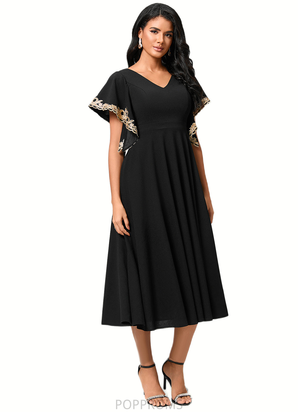 Ireland A-line V-Neck Tea-Length Stretch Crepe Cocktail Dress With Appliques Lace PP6P0022463