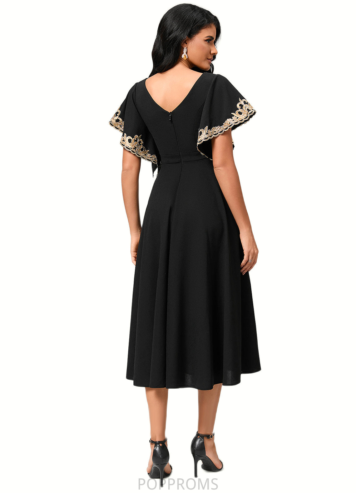 Ireland A-line V-Neck Tea-Length Stretch Crepe Cocktail Dress With Appliques Lace PP6P0022463