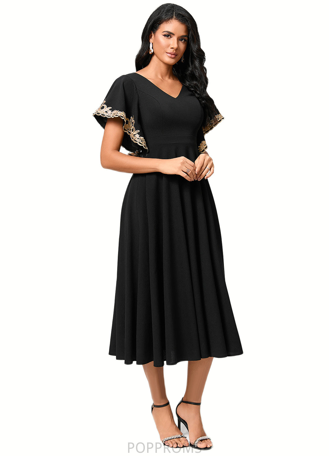 Ireland A-line V-Neck Tea-Length Stretch Crepe Cocktail Dress With Appliques Lace PP6P0022463