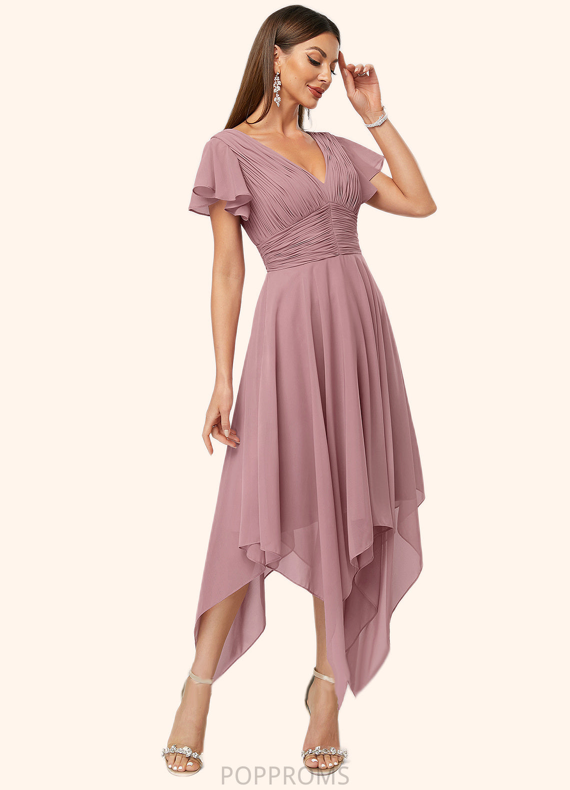 Alayna A-line V-Neck Ankle-Length Chiffon Cocktail Dress With Ruffle PP6P0022486