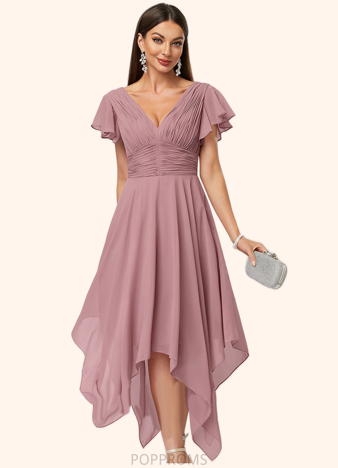 Alayna A-line V-Neck Ankle-Length Chiffon Cocktail Dress With Ruffle PP6P0022486