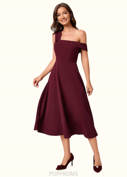 Joselyn A-line One Shoulder Tea-Length Stretch Crepe Cocktail Dress With Ruffle PP6P0022501