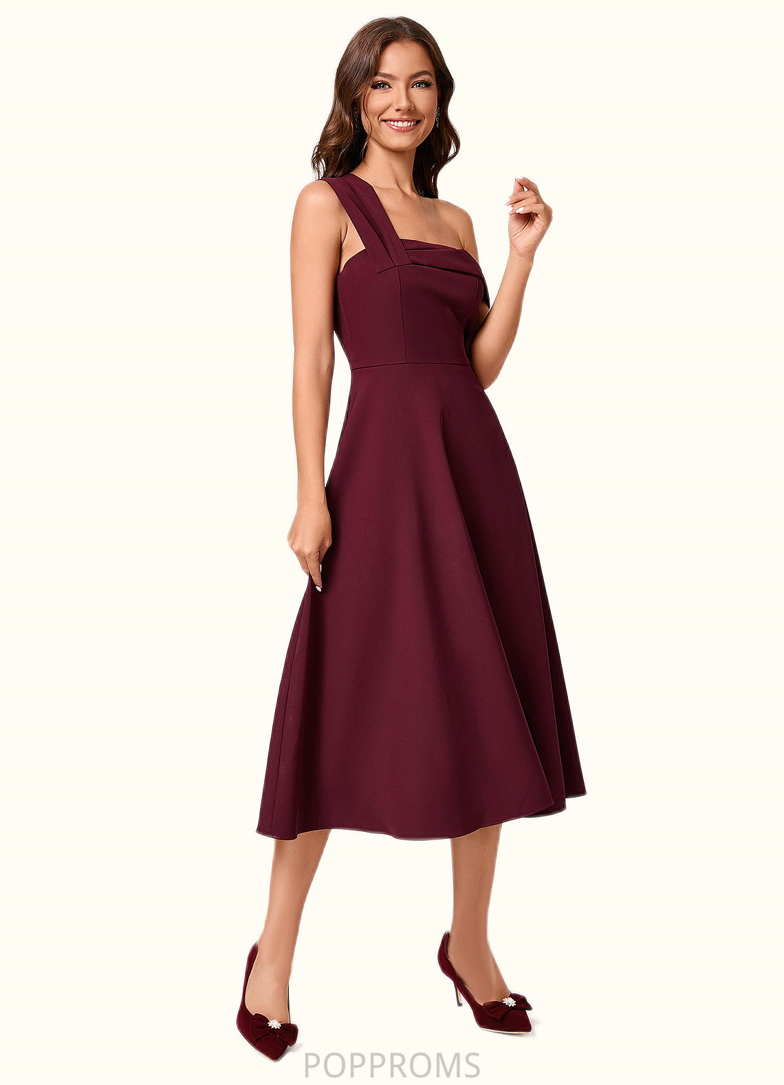 Joselyn A-line One Shoulder Tea-Length Stretch Crepe Cocktail Dress With Ruffle PP6P0022501