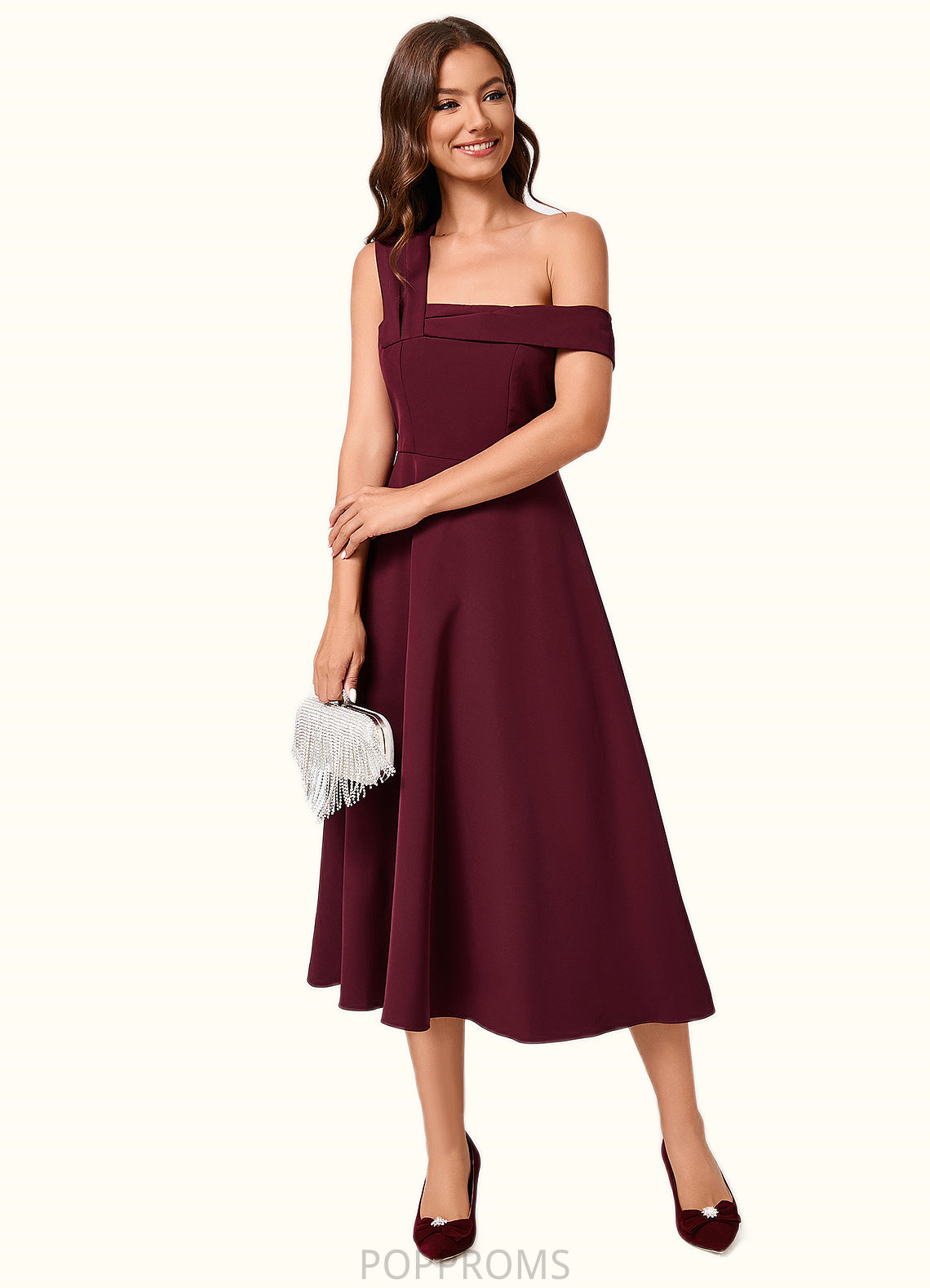 Joselyn A-line One Shoulder Tea-Length Stretch Crepe Cocktail Dress With Ruffle PP6P0022501