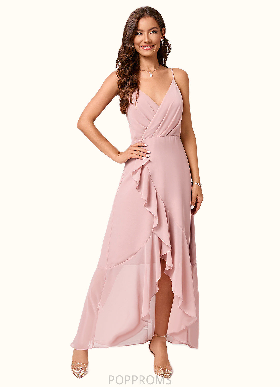 Dayami A-line V-Neck Asymmetrical Chiffon Cocktail Dress With Cascading Ruffles Ruffle PP6P0022502