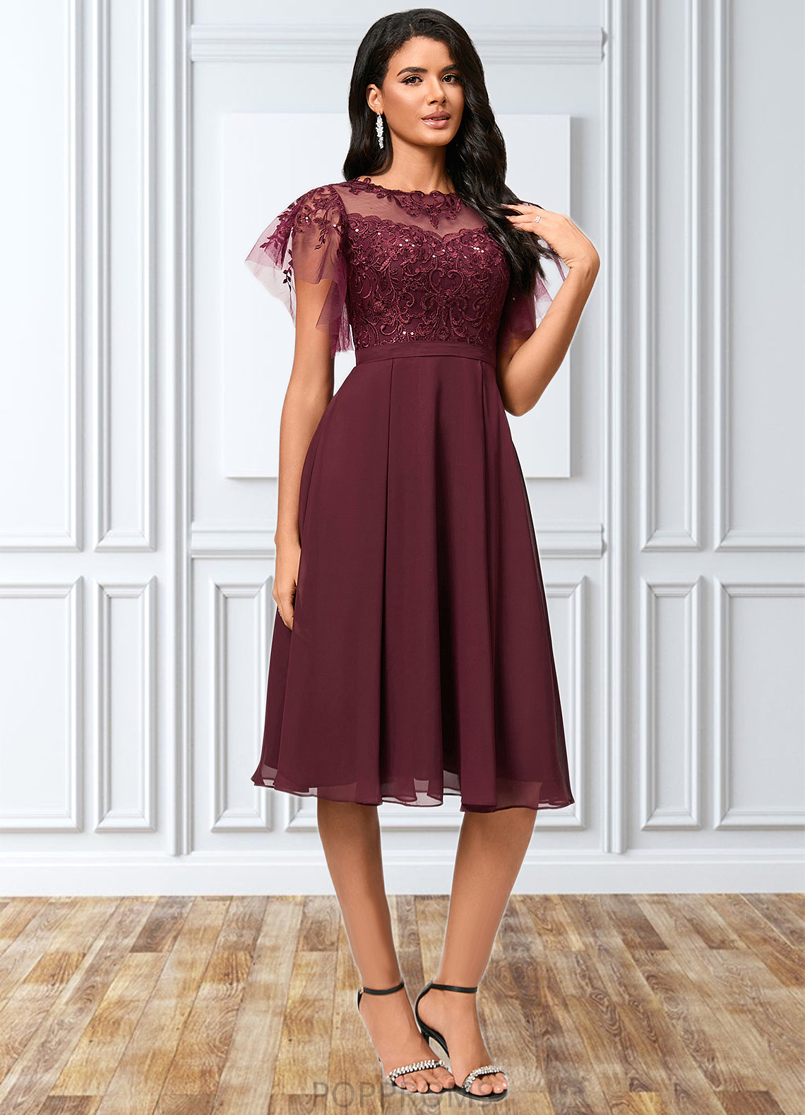 Makayla A-line Illusion Knee-Length Chiffon Cocktail Dress With Sequins PP6P0022512