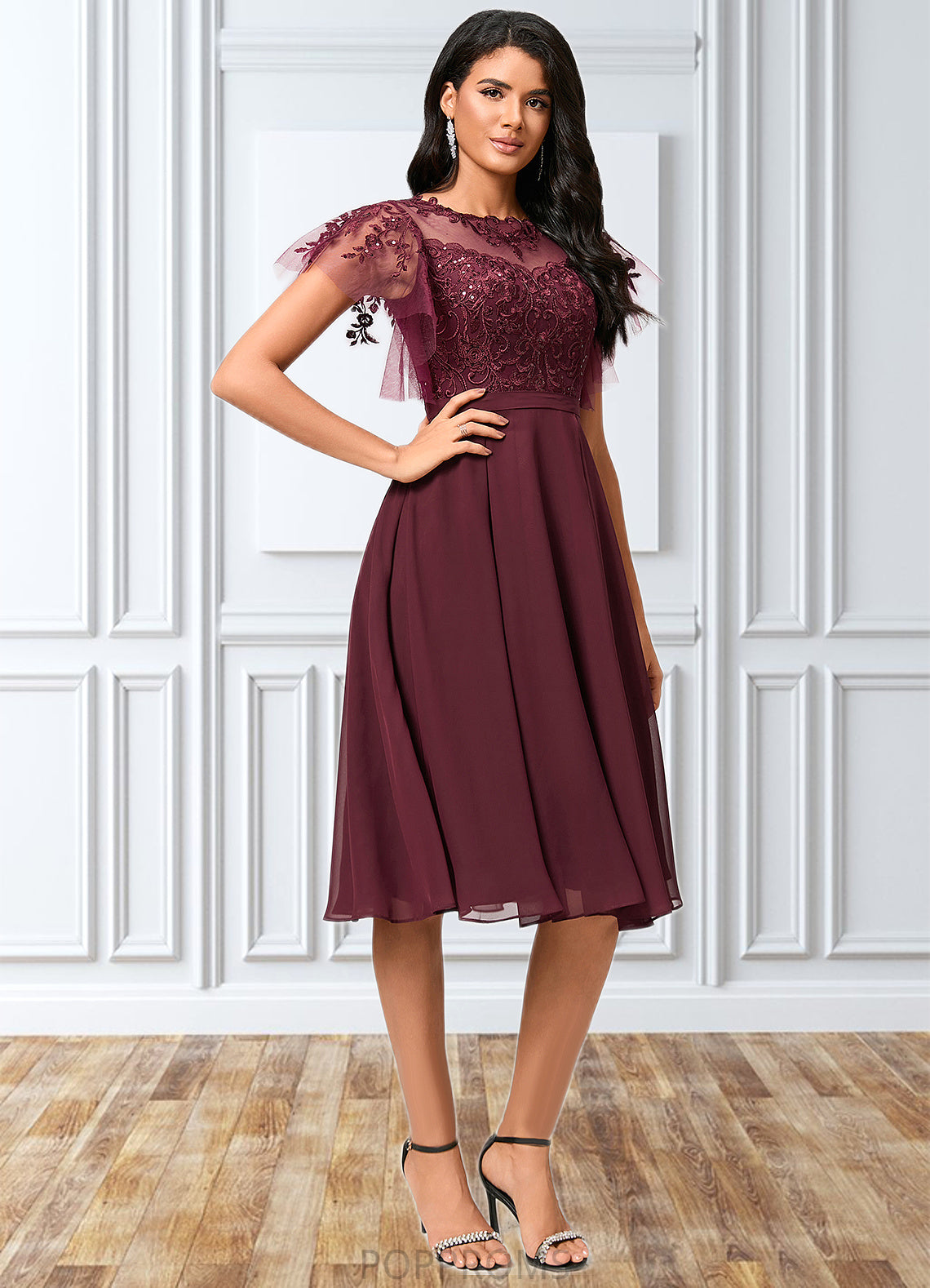 Makayla A-line Illusion Knee-Length Chiffon Cocktail Dress With Sequins PP6P0022512