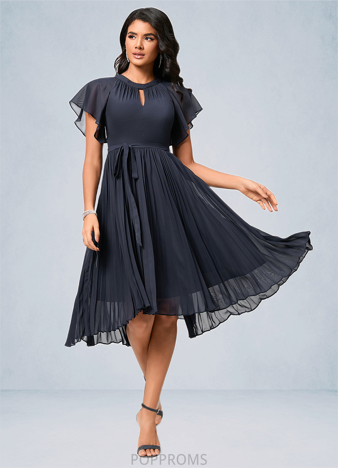 Charlize A-line Scoop Asymmetrical Chiffon Cocktail Dress With Bow Pleated PP6P0022530