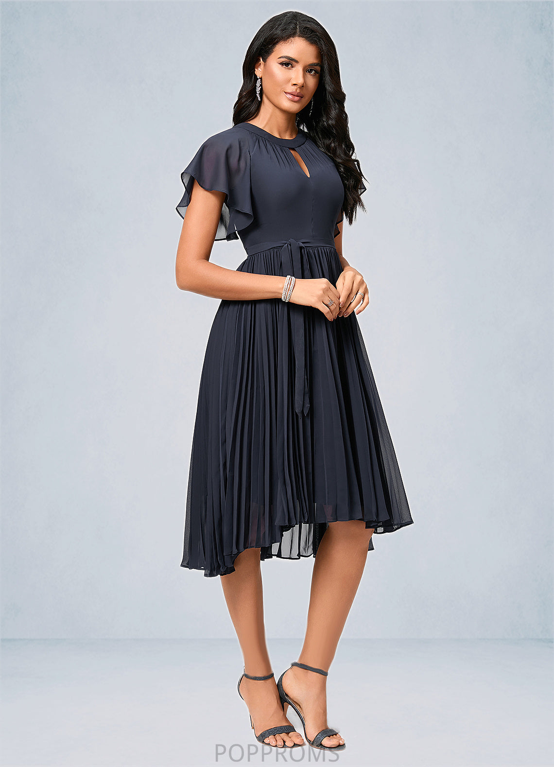 Charlize A-line Scoop Asymmetrical Chiffon Cocktail Dress With Bow Pleated PP6P0022530