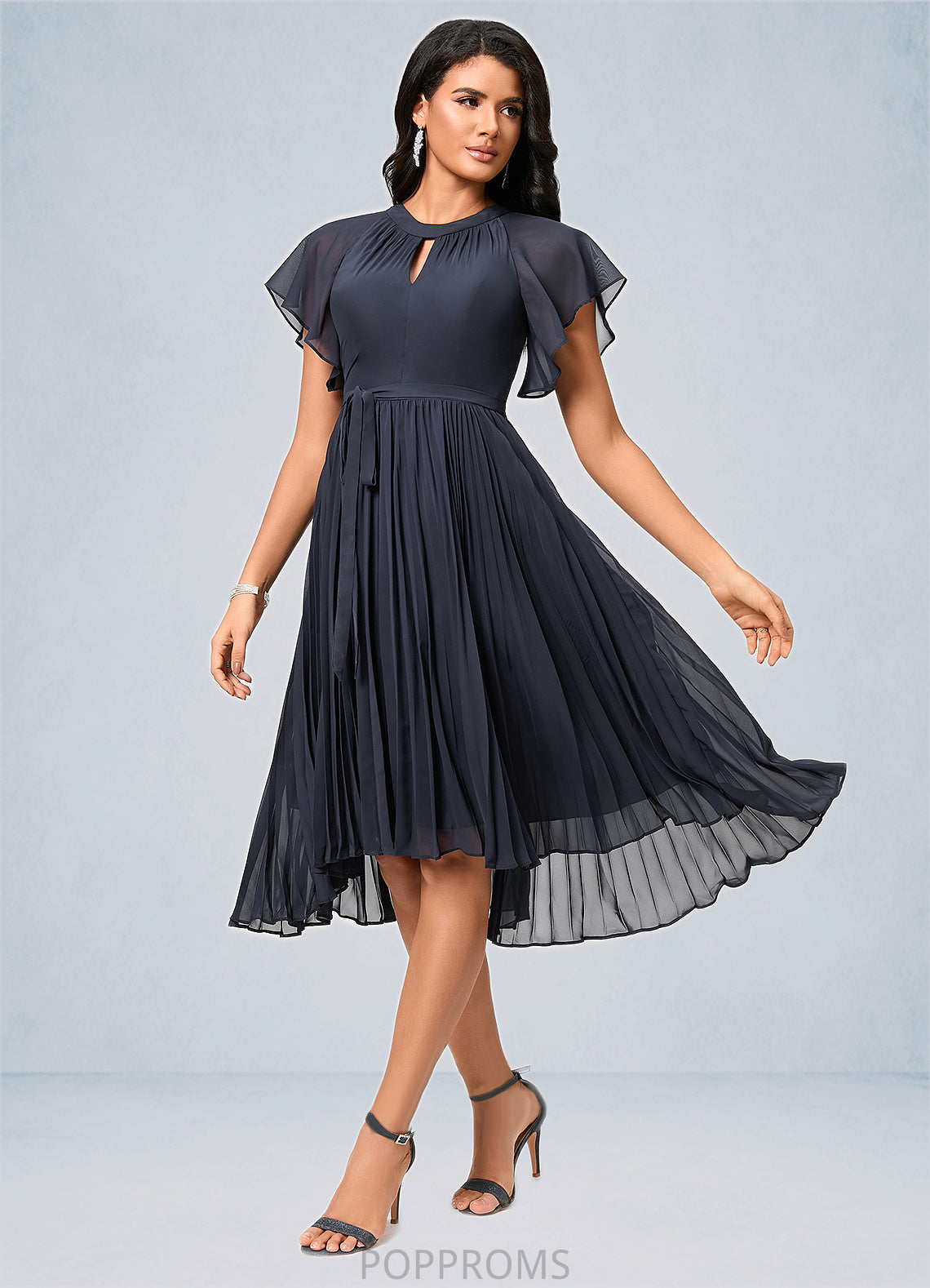 Charlize A-line Scoop Asymmetrical Chiffon Cocktail Dress With Bow Pleated PP6P0022530