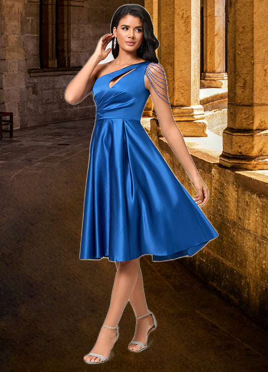 Regina A-line One Shoulder Knee-Length Satin Cocktail Dress With Beading Pleated PP6P0022531