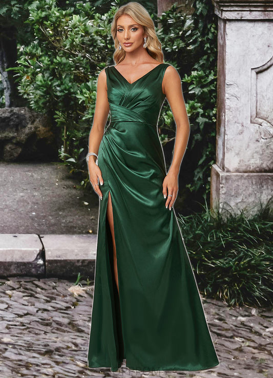 Whitney A-line V-Neck Floor-Length Stretch Satin Bridesmaid Dress PP6P0022590