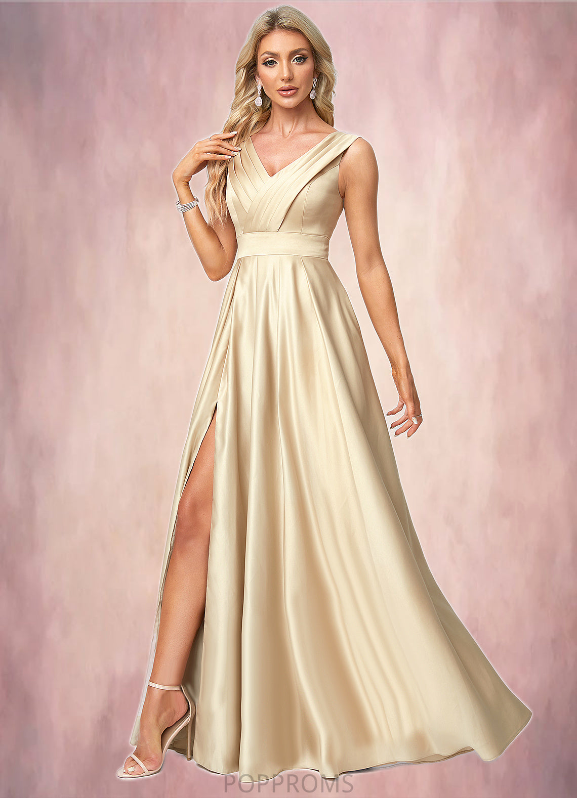 Zaria A-line V-Neck Floor-Length Satin Bridesmaid Dress PP6P0022612