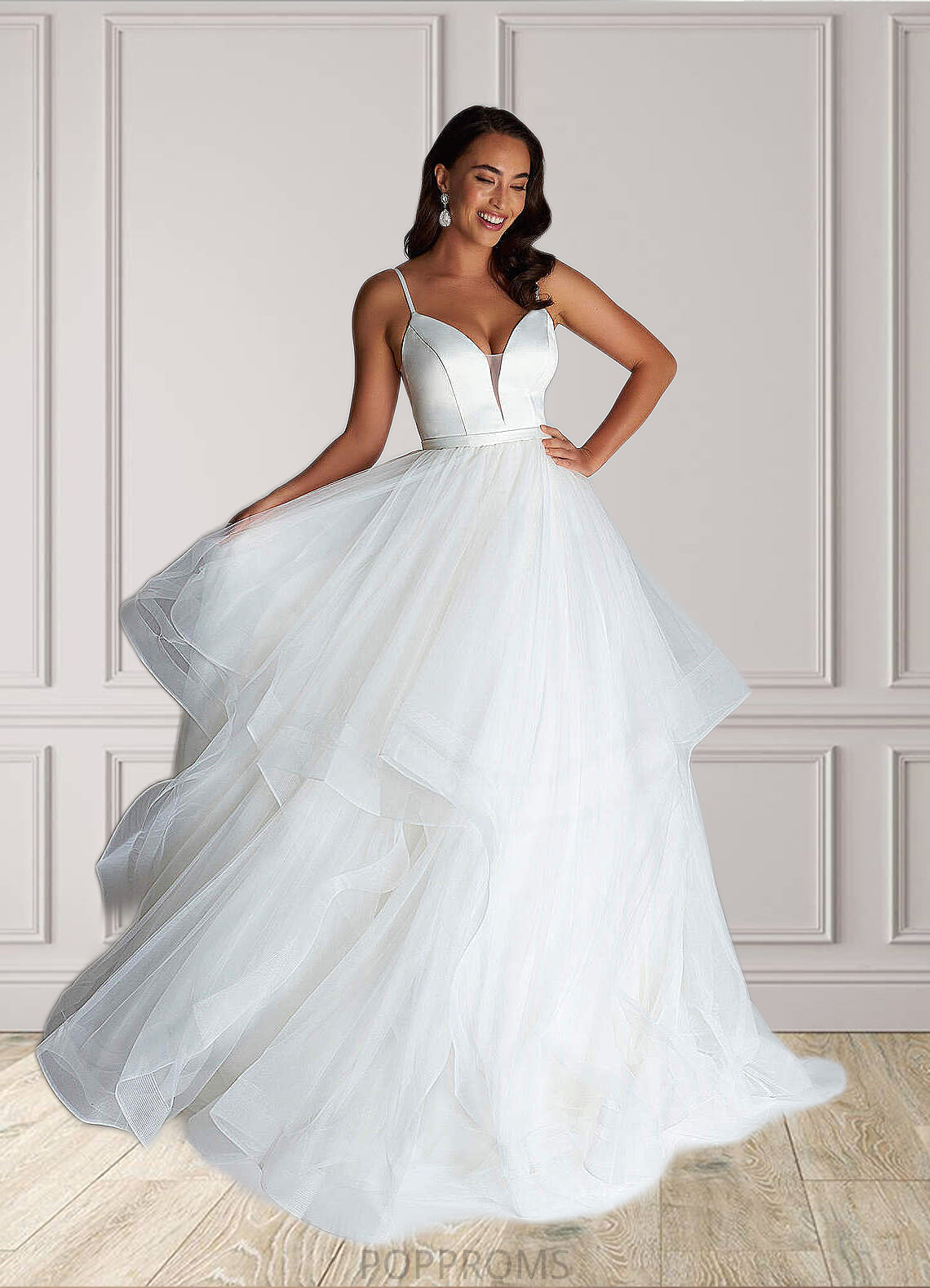 Zaria Ball-Gown Ruched Satin Sweep Train Dress Diamond White PP6P0022785