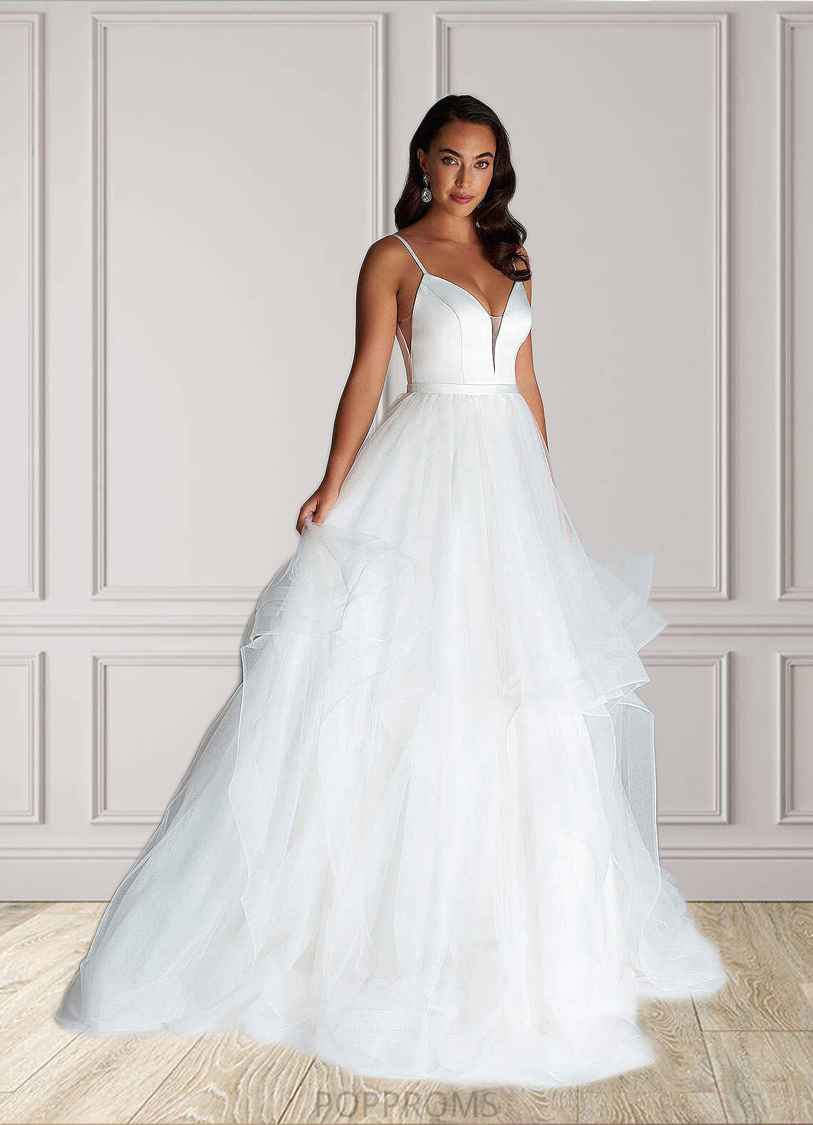 Zaria Ball-Gown Ruched Satin Sweep Train Dress Diamond White PP6P0022785