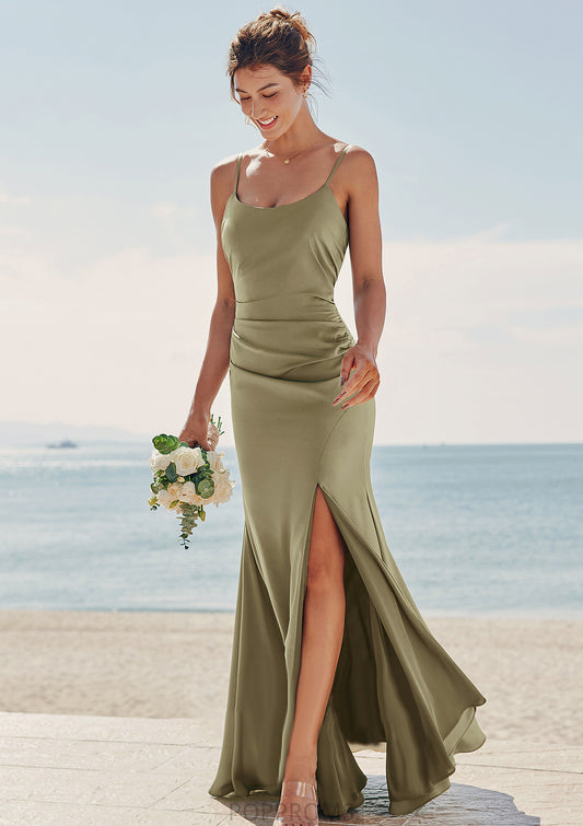 Trumpet/Mermaid Scoop Neck Sleeveless Floor-Length Stretch Satin Bridesmaid Dresses with Pleated Split Katie PP6P0025219