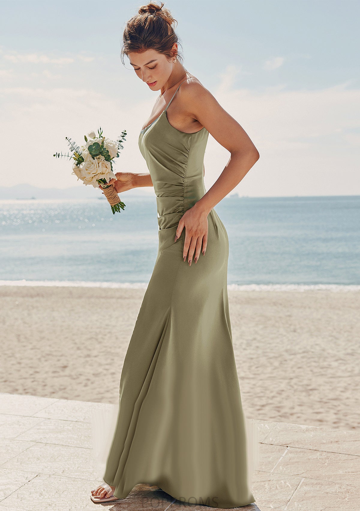 Trumpet/Mermaid Scoop Neck Sleeveless Floor-Length Stretch Satin Bridesmaid Dresses with Pleated Split Katie PP6P0025219